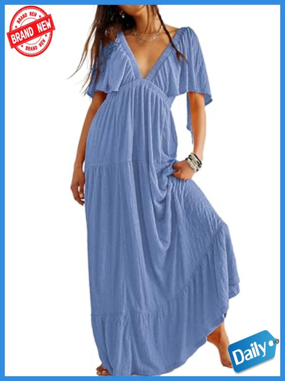 Women's V-Neck Backless Maxi Dress Flutter Sleeve Tiered Ruffle A-Line Flowy
